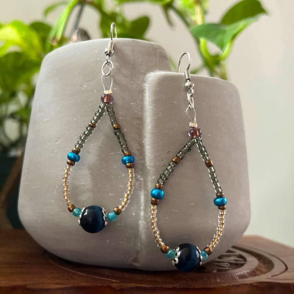 Handmade Glass beaded Dangle Earrings with Blue TigersEye